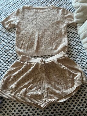 SHEIN Neutral Knit Openwork Top and Shorts Set